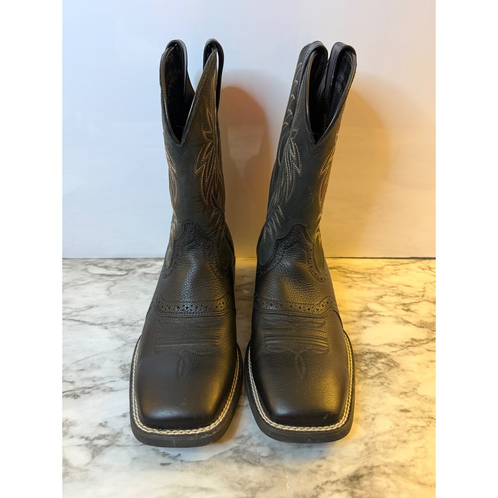 Ariat Sport Western Black Leather Wide Square Toe Cowboy Boots Mens 7.5D
